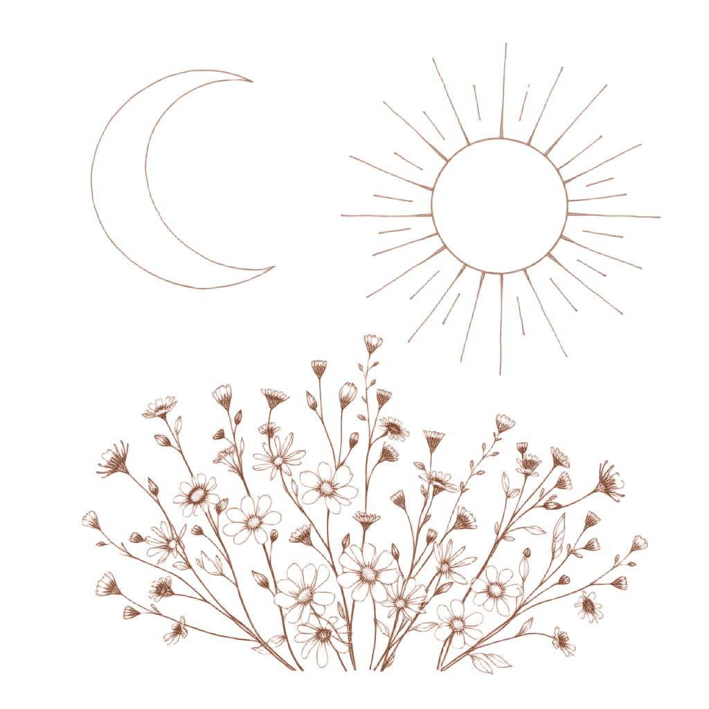 Light line illustration of feminine and masculine union, sun and moon intertwined with flowers